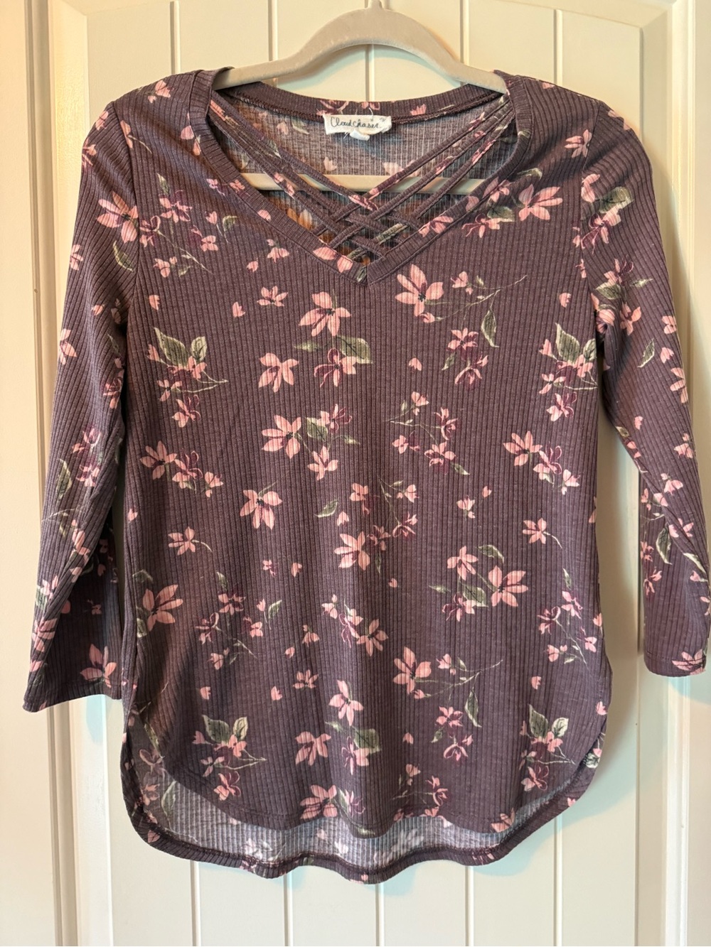 Cloud Chaser Mauve Floral Crisscross Ribbed Long Sleeve Top